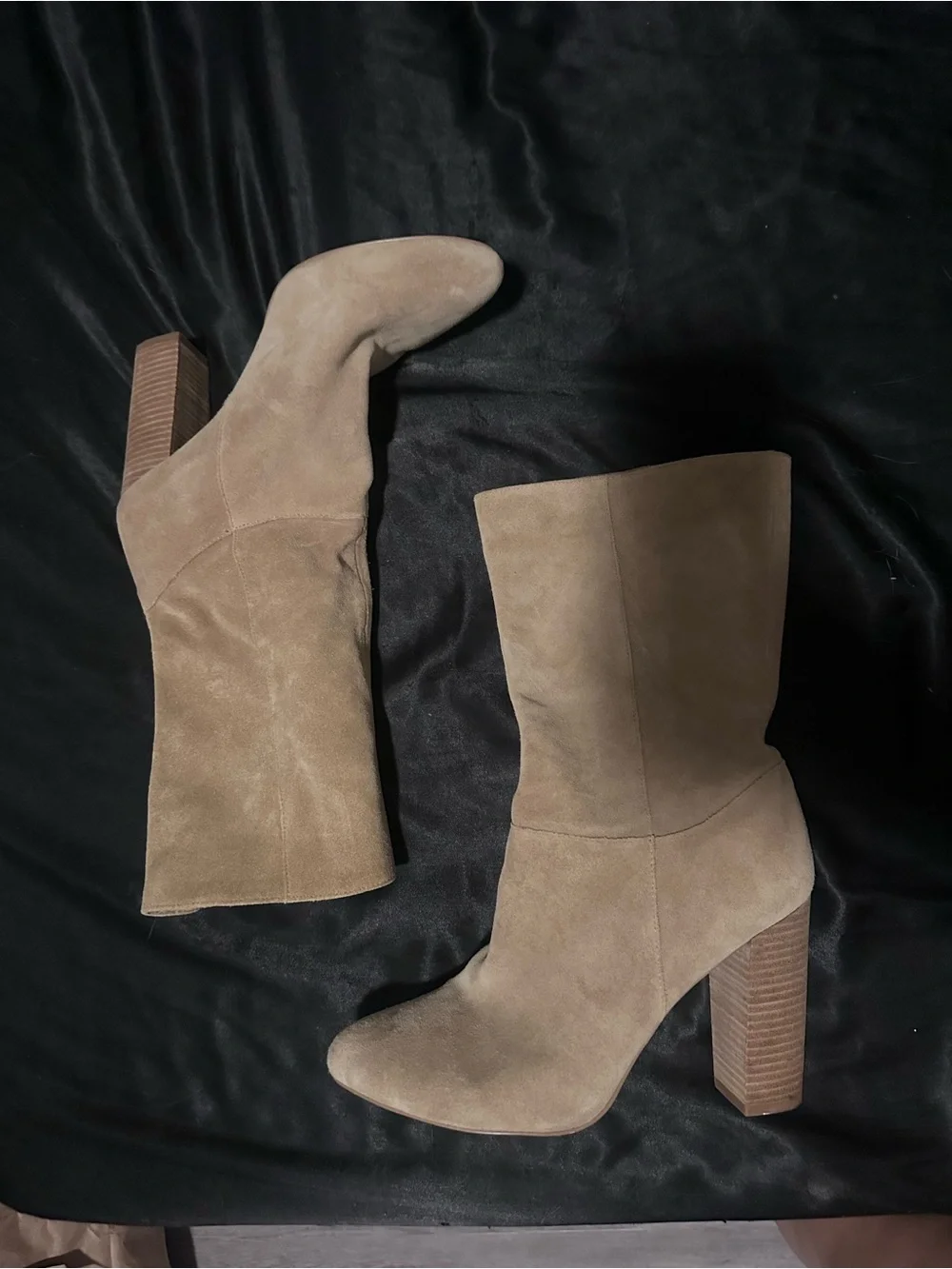 Women's Taupe Suede Mid-Calf Block Heel Boots